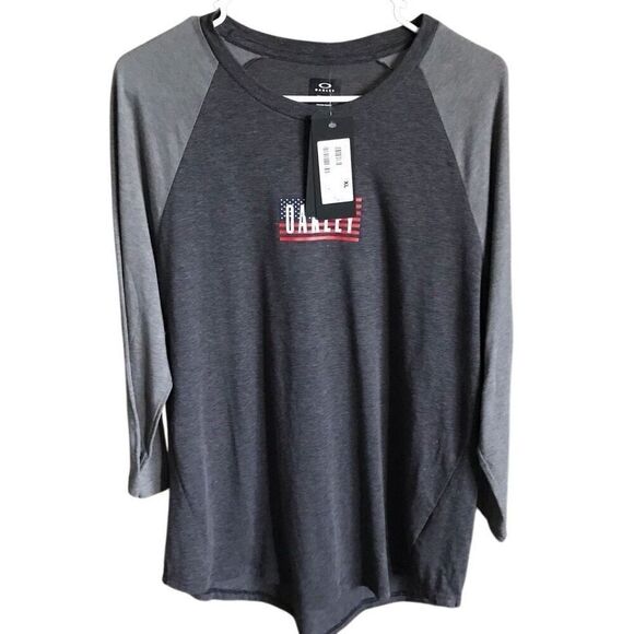 Oakley size men’s XL gray 3/4 sleeve t-shirt flag Americana logo new with tags - Picture 3 of 7